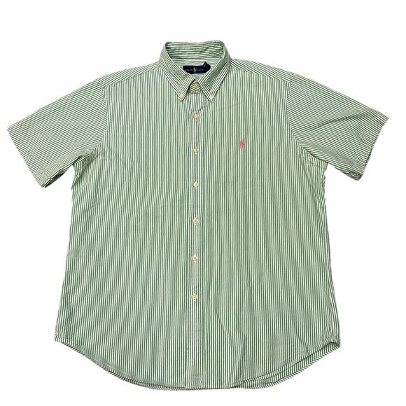 Ralph Lauren Seer Sucker Shirt Mens Size Large Green White Striped Short Sleeve - Picture 2 of 10